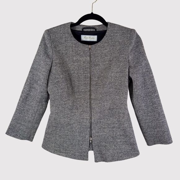 Max Mara Women Blazer Gray Tweed Full Zip Virgin Wool Silk Italian Jacket Size 2 - Picture 2 of 11